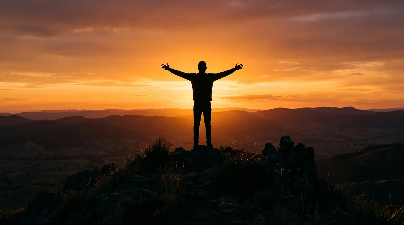 Gender-neutral silhouette figure standing on a hilltop at golden sunset - active wellness lifestyle